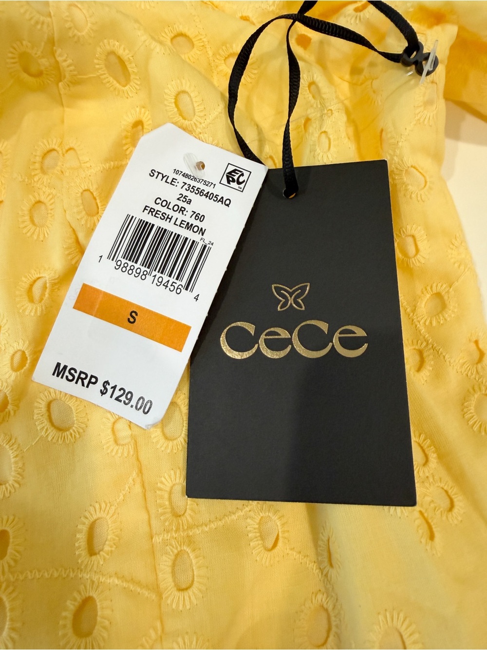 CeCe Eyelet Cotton Midi Dress Square Neck Smocked Puff Sleeve Yellow Small NWT - Picture 14 of 15